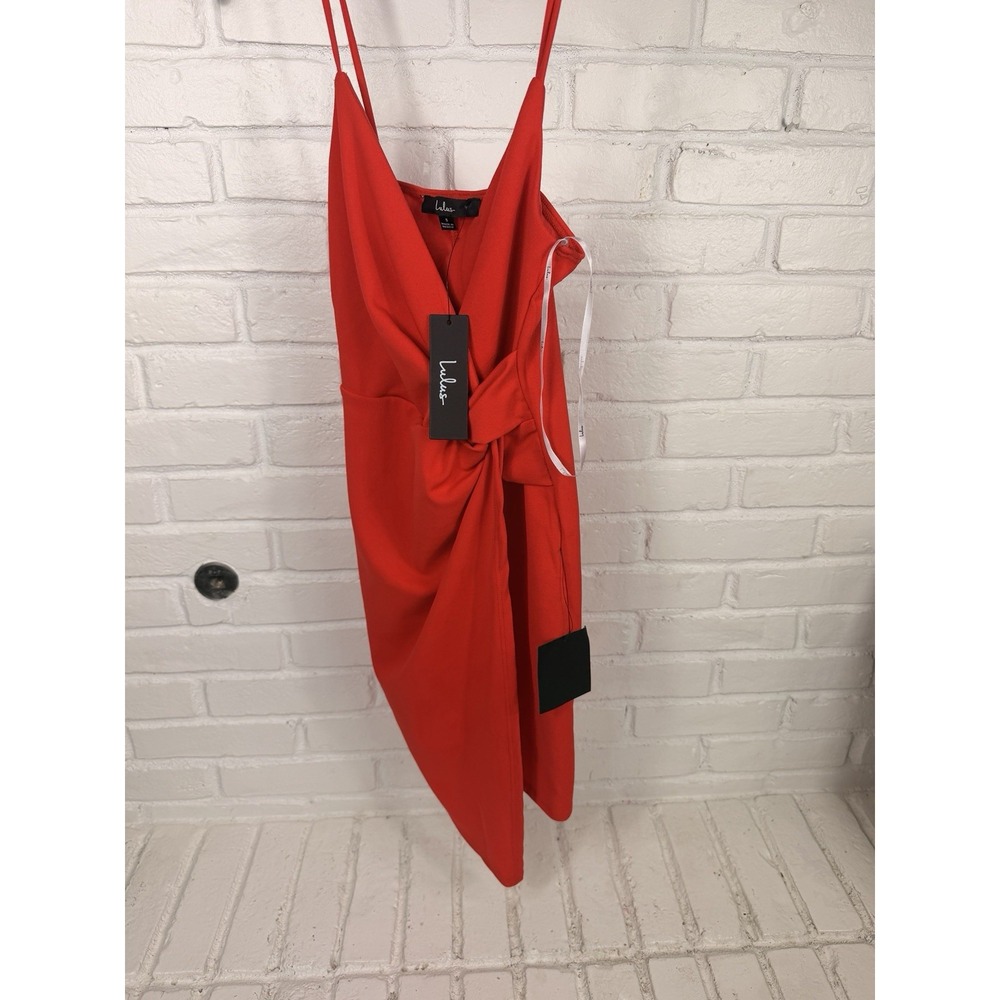 NWT Lulus Womens S Red Twist Front Bodycon Midi Dress Spaghetti Strap Cocktail
